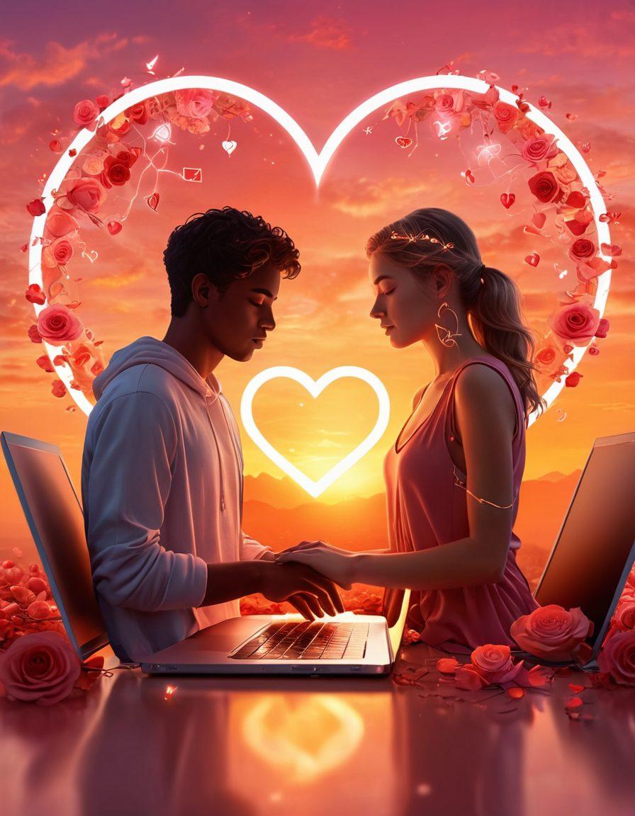 A picturesque scene depicting two people digitally connected through a glowing heart interface on their laptops, surrounded by symbols of love like roses and Cupid's arrows. The background features a blend of warm sunset colors, symbolizing hope and connection. Include subtle elements of social media icons integrating with the heart. dreamy, romantic, vibrant colors. 2D illustration.