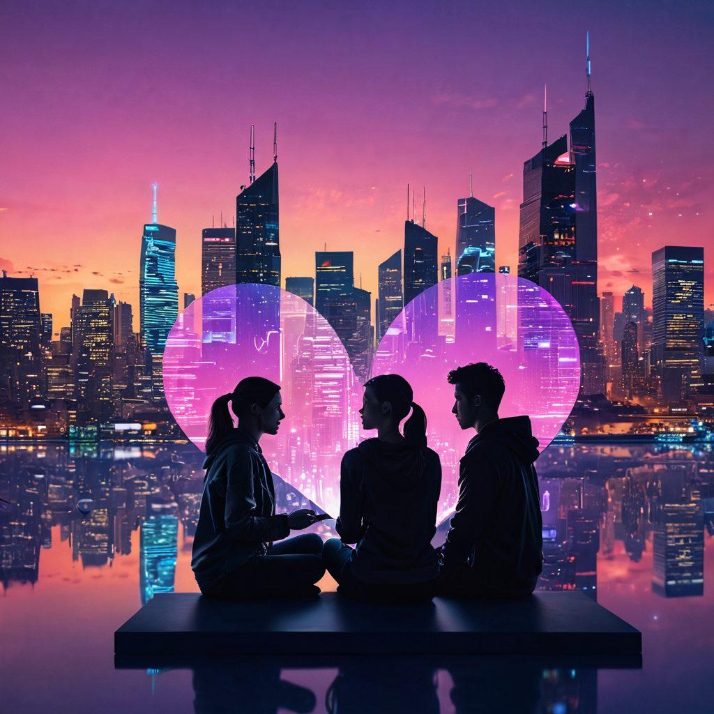 An artistic representation of two connected hearts formed by digital threads and pixels, symbolizing online relationships. In the background, a vibrant city skyline at dusk with glowing screens and chat bubbles floating around, depicting various communication apps. The foreground features silhouettes of diverse couples engaging with their devices, conveying warmth and connection. Emphasize a modern, tech-inspired atmosphere infused with romantic elements. vibrant colors. 3D. cyberpunk.