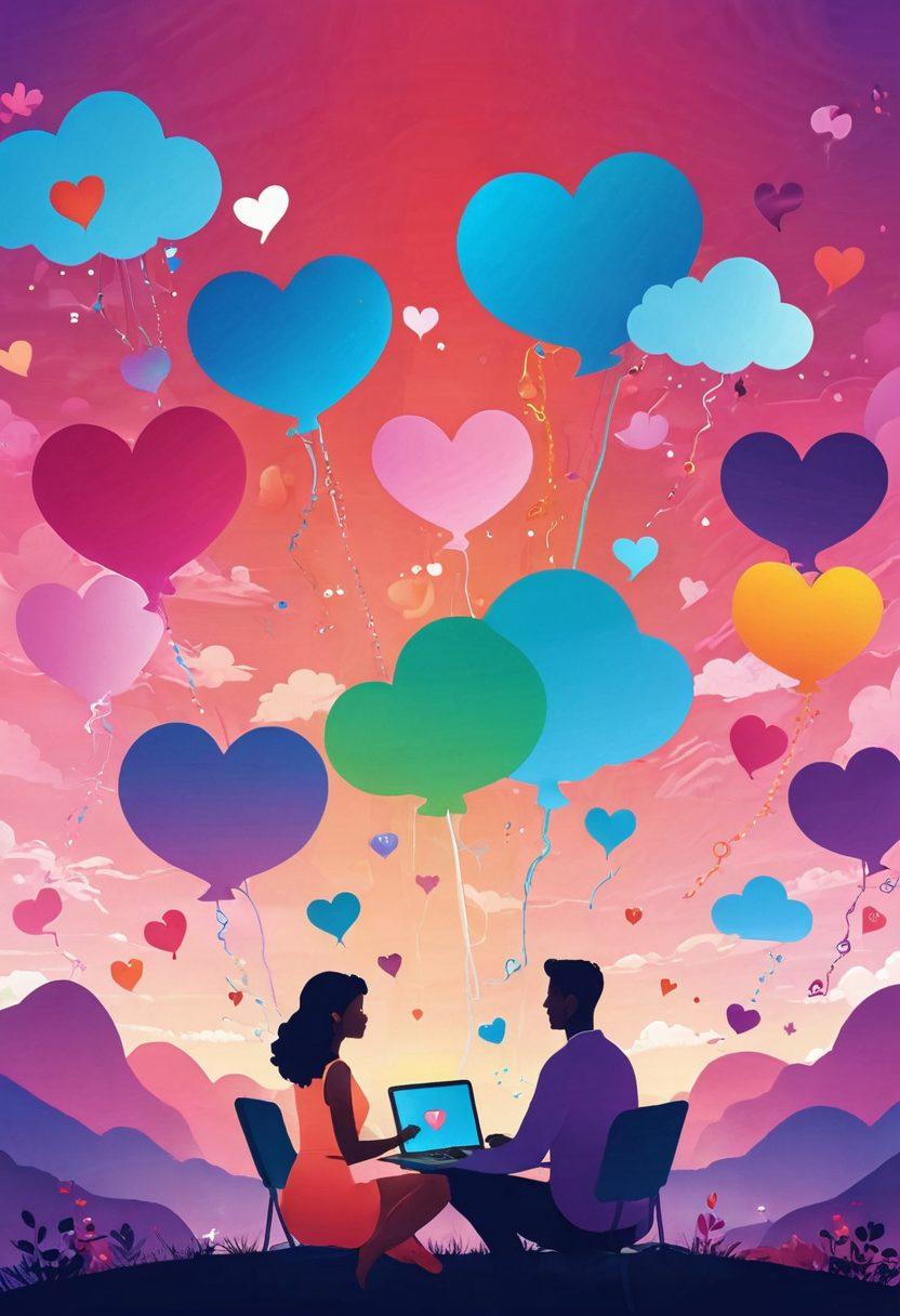 A vibrant digital landscape filled with heart-shaped icons, laptops, and smartphones displaying romantic messages and video calls. Include diverse couples engaging in virtual activities together, with a backdrop of a dreamy, colorful sky symbolizing love. Showcase tools like chat bubbles and connection symbols, creating an inviting and passionate atmosphere. vector art. vibrant colors. digital style.